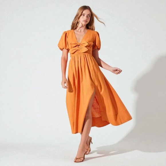 NWT ASTR Citrine Linen Bow Front Midi Dress Turmeric Orange One Size - Picture 8 of 9